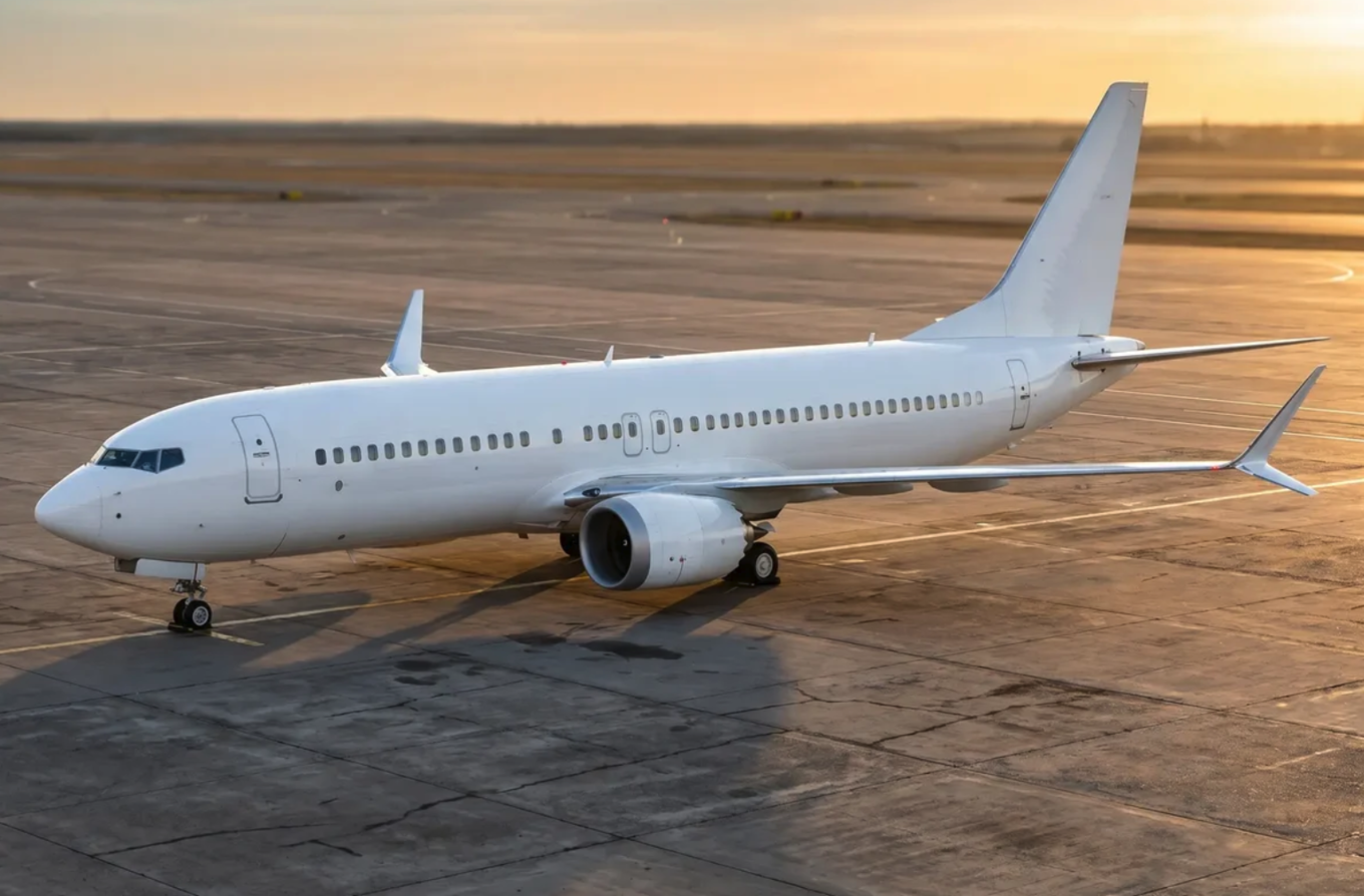 A white twin-engine narrowbody airliner parked on an apron at sunset